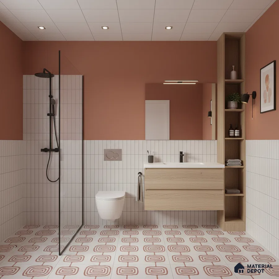 Scandinavian bathroom with terracotta patterned floor tiles, vertical white subway wall tiles, and light oak floating vanity | Material Depot