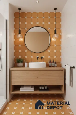 Scandinavian bathroom with terracotta patterned tiles and natural oak vanity in Bengaluru | Material Depot