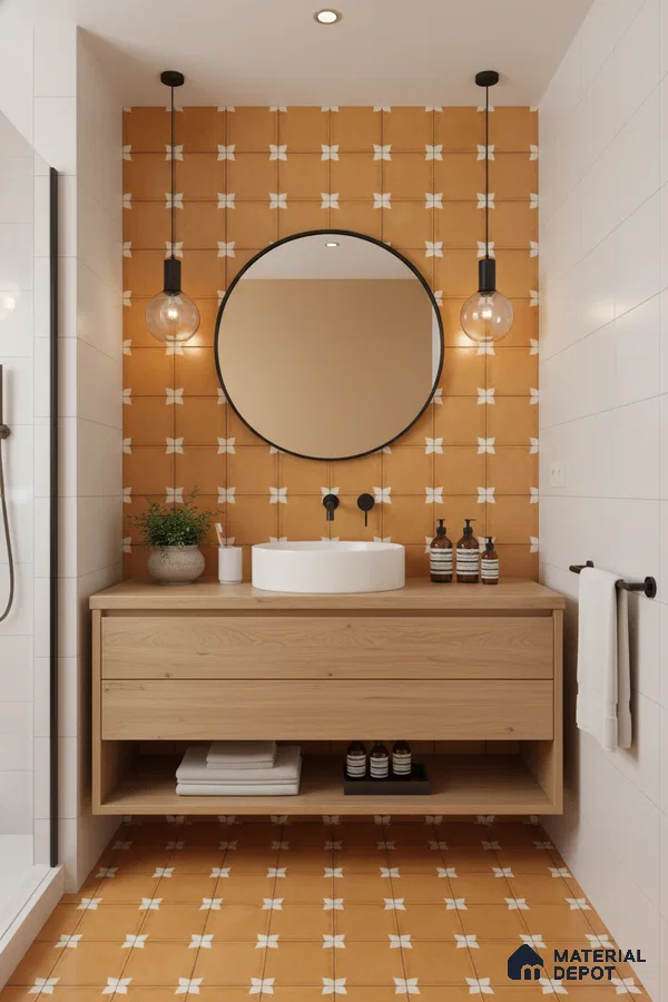 Scandinavian bathroom with terracotta patterned tiles and natural oak vanity in Bengaluru | Material Depot