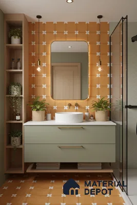 Scandinavian bathroom with terracotta patterned tiles and sage green vanity laminate in Bengaluru | Material Depot