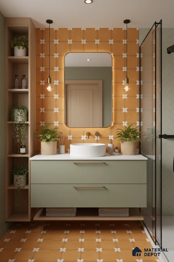 Scandinavian bathroom with terracotta patterned tiles and sage green vanity laminate in Bengaluru | Material Depot