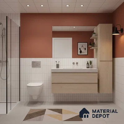 Scandinavian bathroom with terracotta wall paint, vertical white subway wall tiles, and geometric patterned floor tile | Material Depot