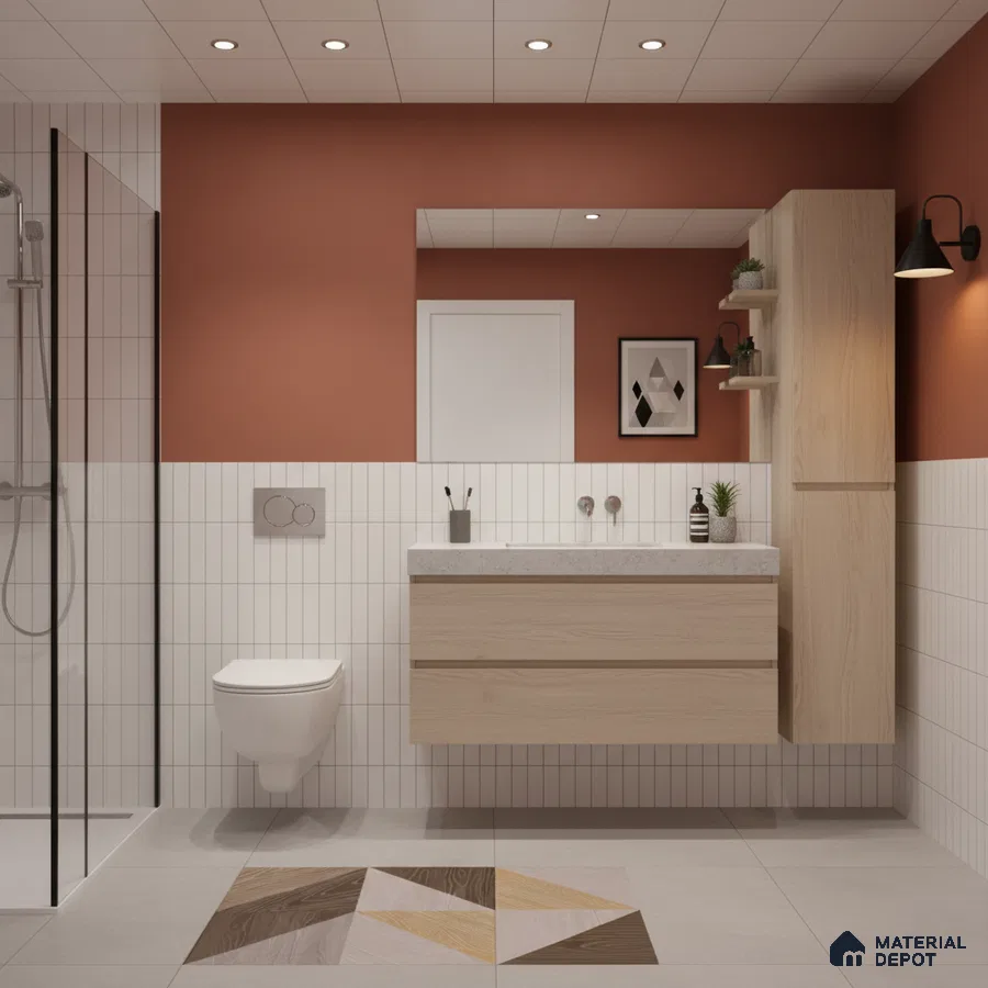 Scandinavian bathroom with terracotta wall paint, vertical white subway wall tiles, and geometric patterned floor tile | Material Depot