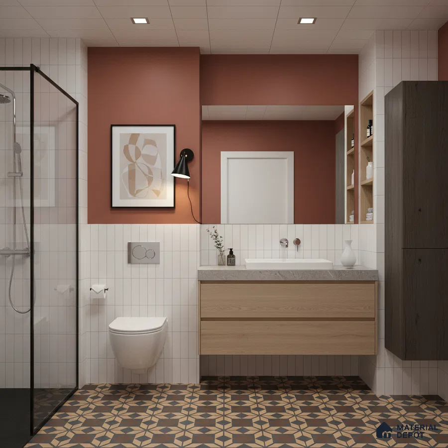 Scandinavian bathroom with terracotta wall paint, vertical white subway wall tiles, and geometric patterned floor tiles | Material Depot