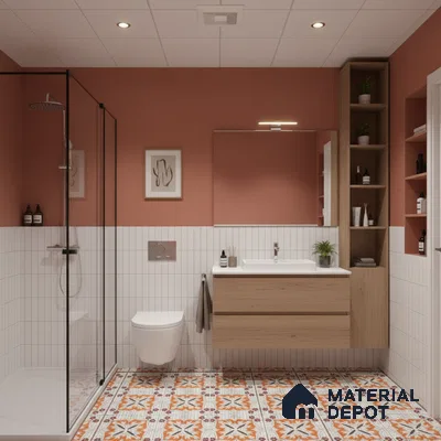 Scandinavian bathroom with terracotta wall paint, white vertical subway wall tiles, and patterned floor tiles | Material Depot