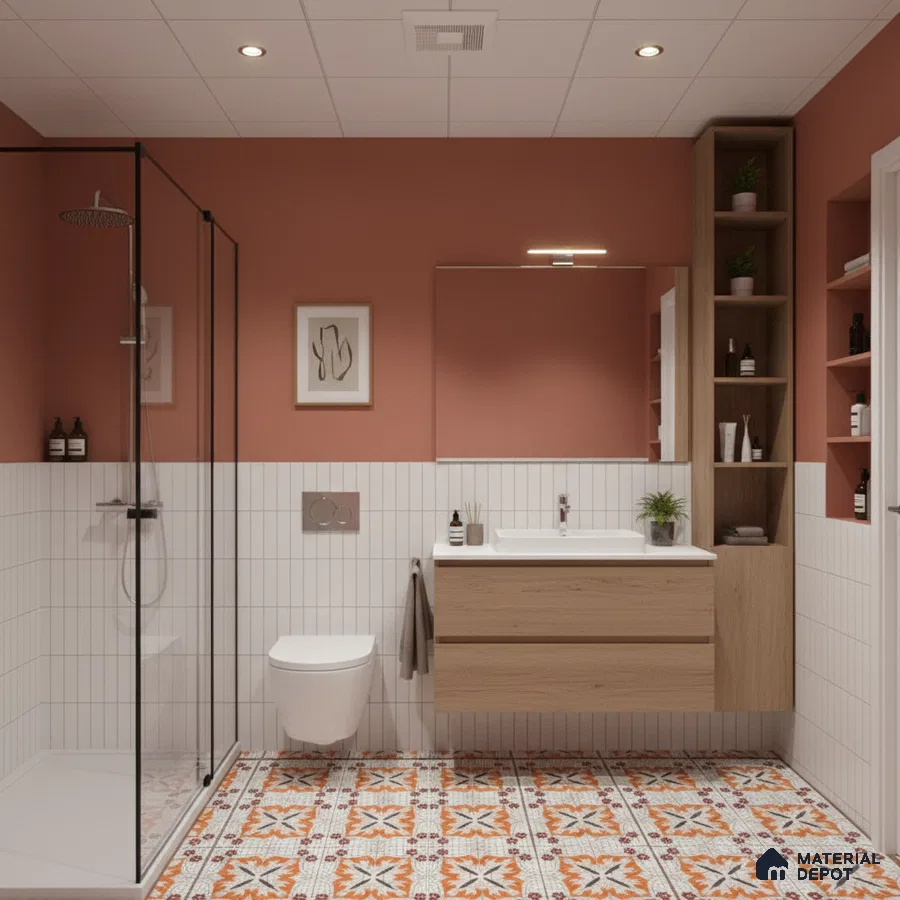 Scandinavian bathroom with terracotta wall paint, white vertical subway wall tiles, and patterned floor tiles | Material Depot