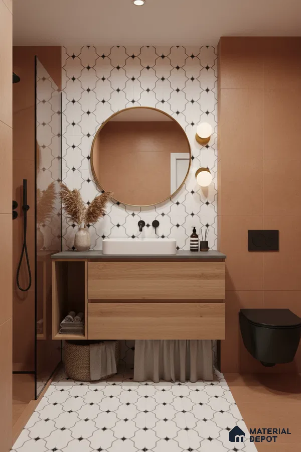 Scandinavian bathroom with terracotta wall tiles, geometric patterned floor tiles, and light oak floating vanity in Bengaluru | Material Depot