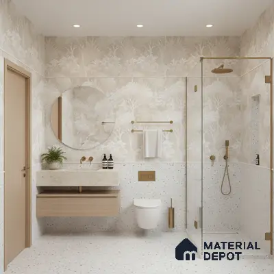 Scandinavian bathroom design with terrazzo tiles, beige nature tile, and floating wood vanity in Bengaluru | Material Depot