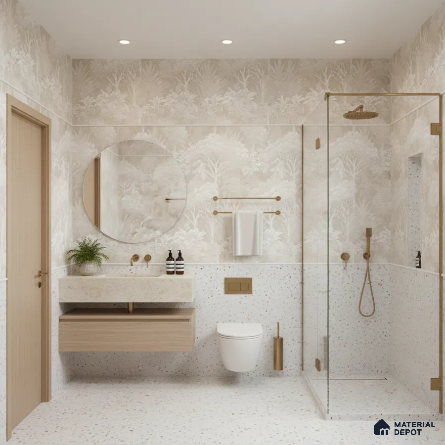 Scandinavian bathroom design with terrazzo tiles, beige nature tile, and floating wood vanity in Bengaluru | Material Depot