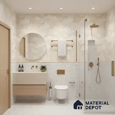 Scandinavian bathroom design with terrazzo wall and floor tiles, beige nature tile, and light wood floating vanity in Bengaluru | Material Depot