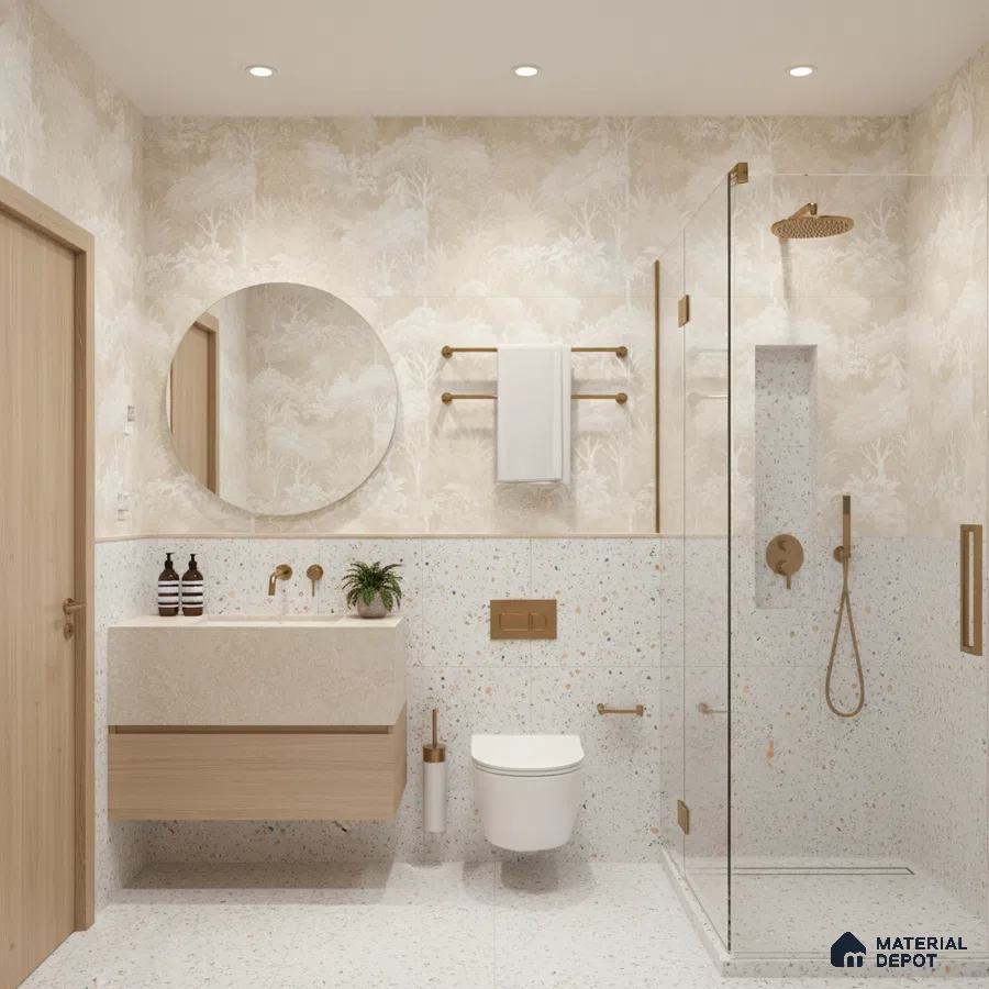 Scandinavian bathroom design with terrazzo wall and floor tiles, beige nature tile, and light wood floating vanity in Bengaluru | Material Depot