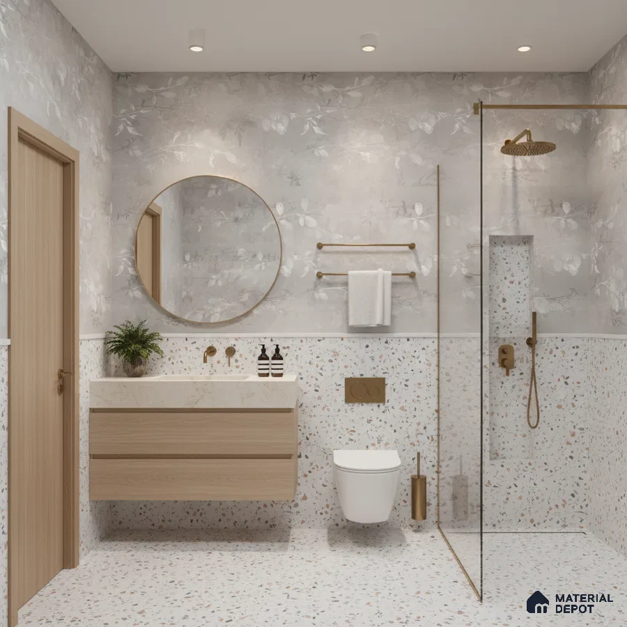 Scandinavian bathroom design with terrazzo wall and floor tiles, floral tile, and light oak vanity in Bengaluru | Material Depot