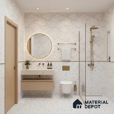 Scandinavian bathroom design with terrazzo wall and floor tiles, light wood floating vanity, and gold fixtures in Bengaluru | Material Depot