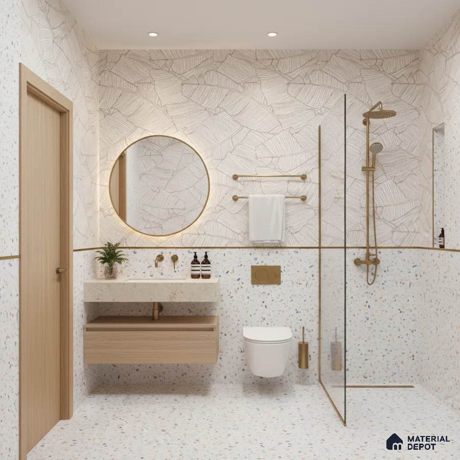 Scandinavian bathroom design with terrazzo wall and floor tiles, light wood floating vanity, and gold fixtures in Bengaluru | Material Depot