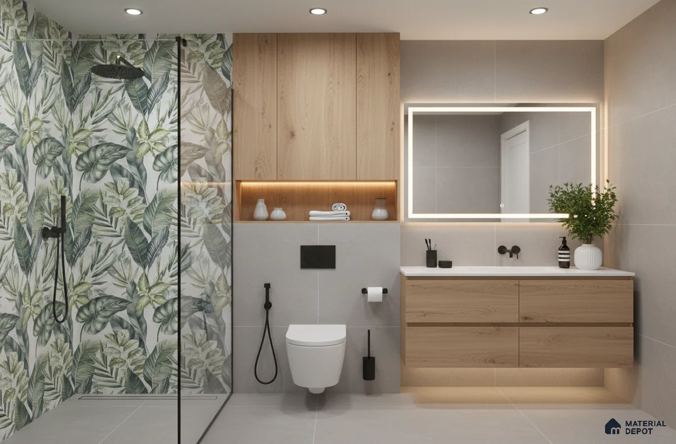 Scandinavian bathroom design with tropical leaf highlighter wall tiles, light oak laminate vanity, and large format grey floor tiles in Bengaluru | Material Depot