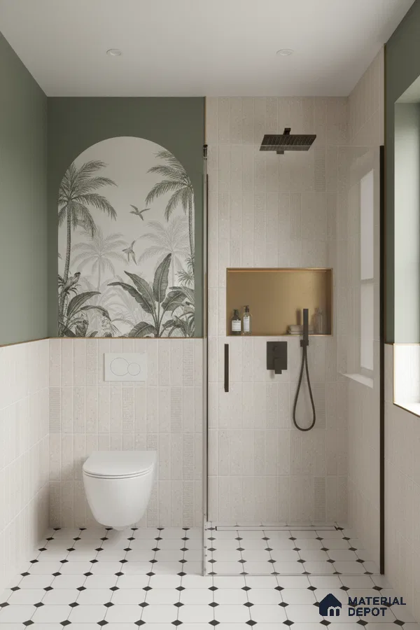 Scandinavian bathroom with tropical tile accent, beige vertical wall tiles, and black-and-white geometric floor tiles | Material Depot