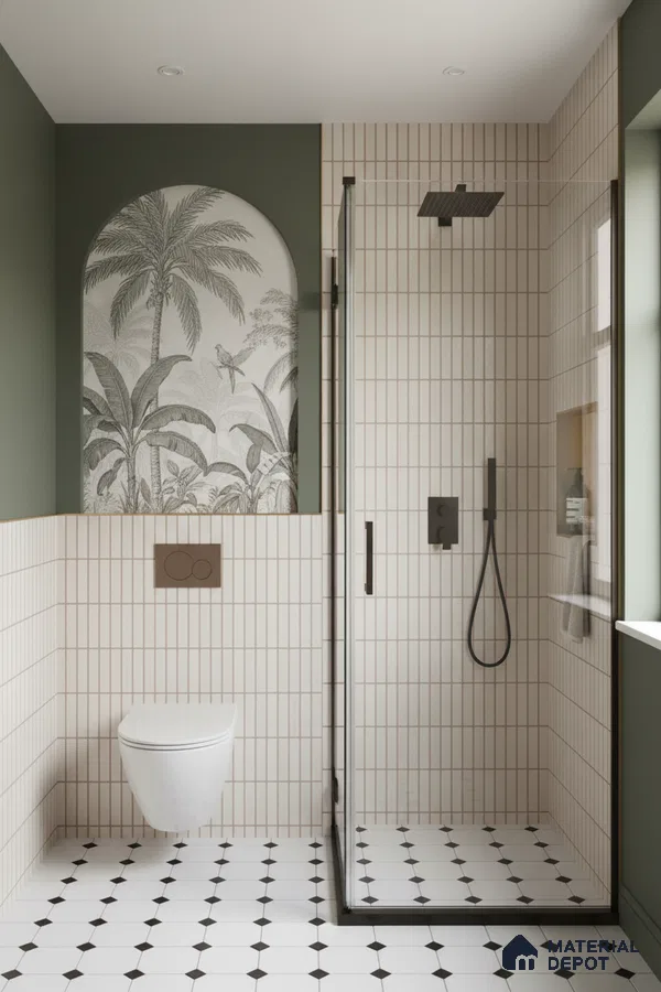 Scandinavian bathroom with vertical beige subway wall tiles, black-and-white geometric floor tiles, and tropical mural accent | Material Depot