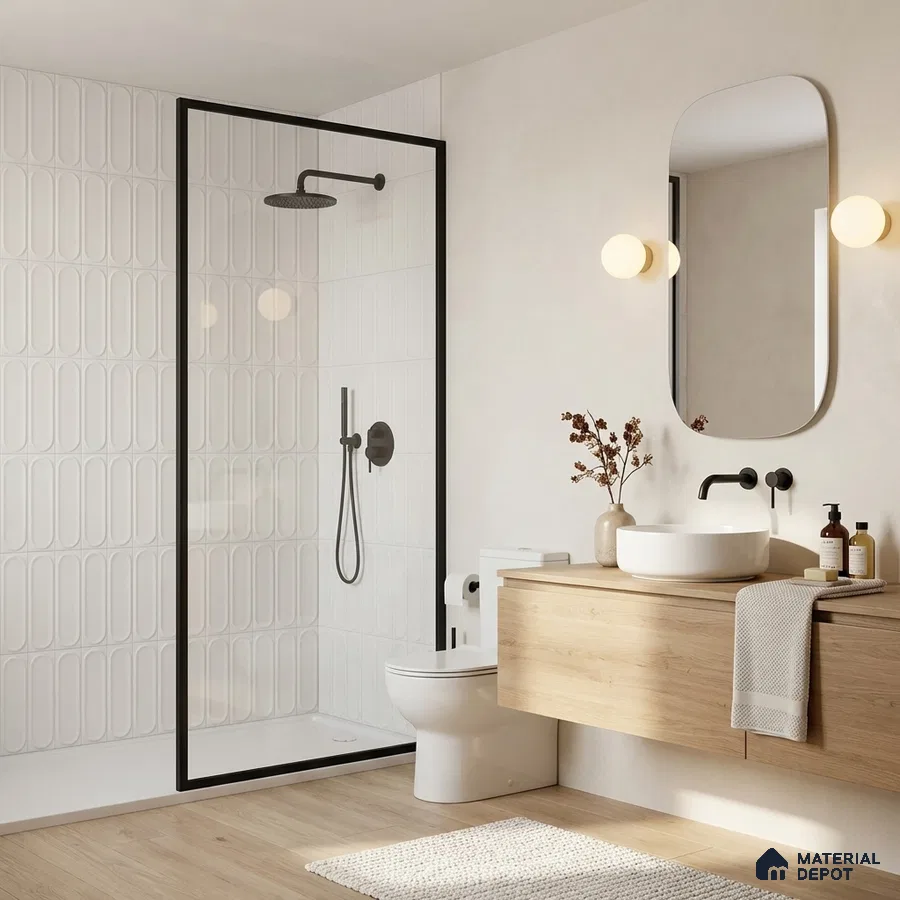 Scandinavian bathroom with white 3D wall tiles, light oak wood laminate vanity, and matte black fixtures