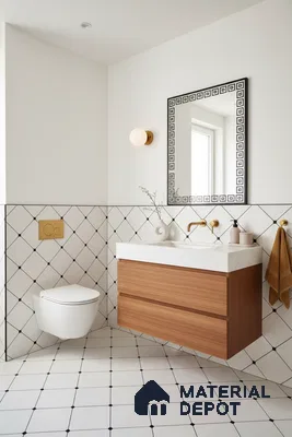 Scandinavian bathroom with white geometric wall and floor tiles, wood laminate vanity, and white quartz countertop in Bengaluru | Material Depot