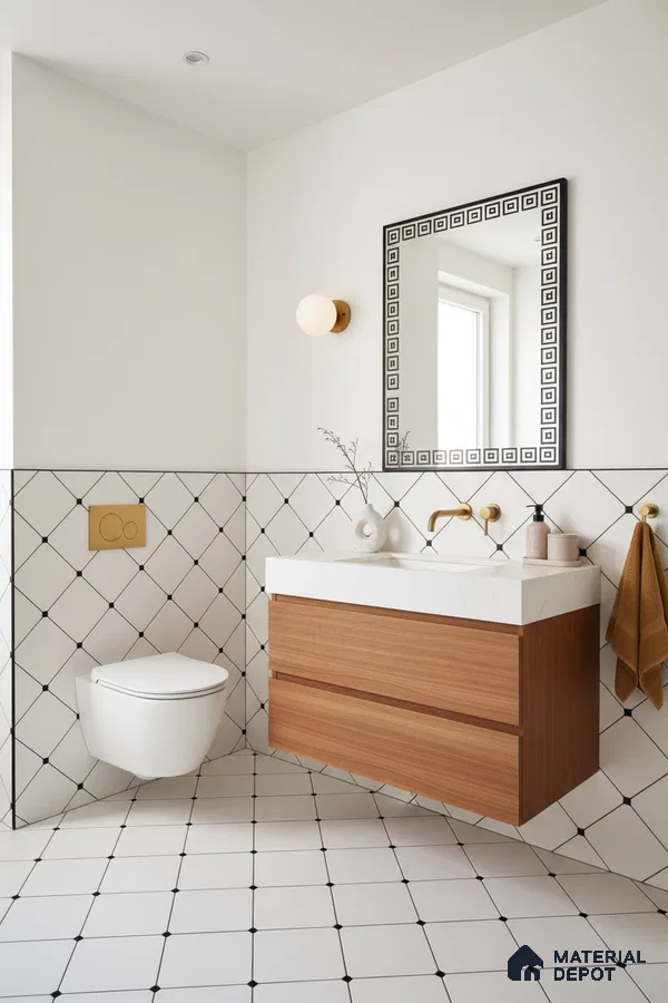 Scandinavian bathroom with white geometric wall and floor tiles, wood laminate vanity, and white quartz countertop in Bengaluru | Material Depot