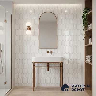 Scandinavian bathroom with white scallop wall tiles and light oak wood shelving