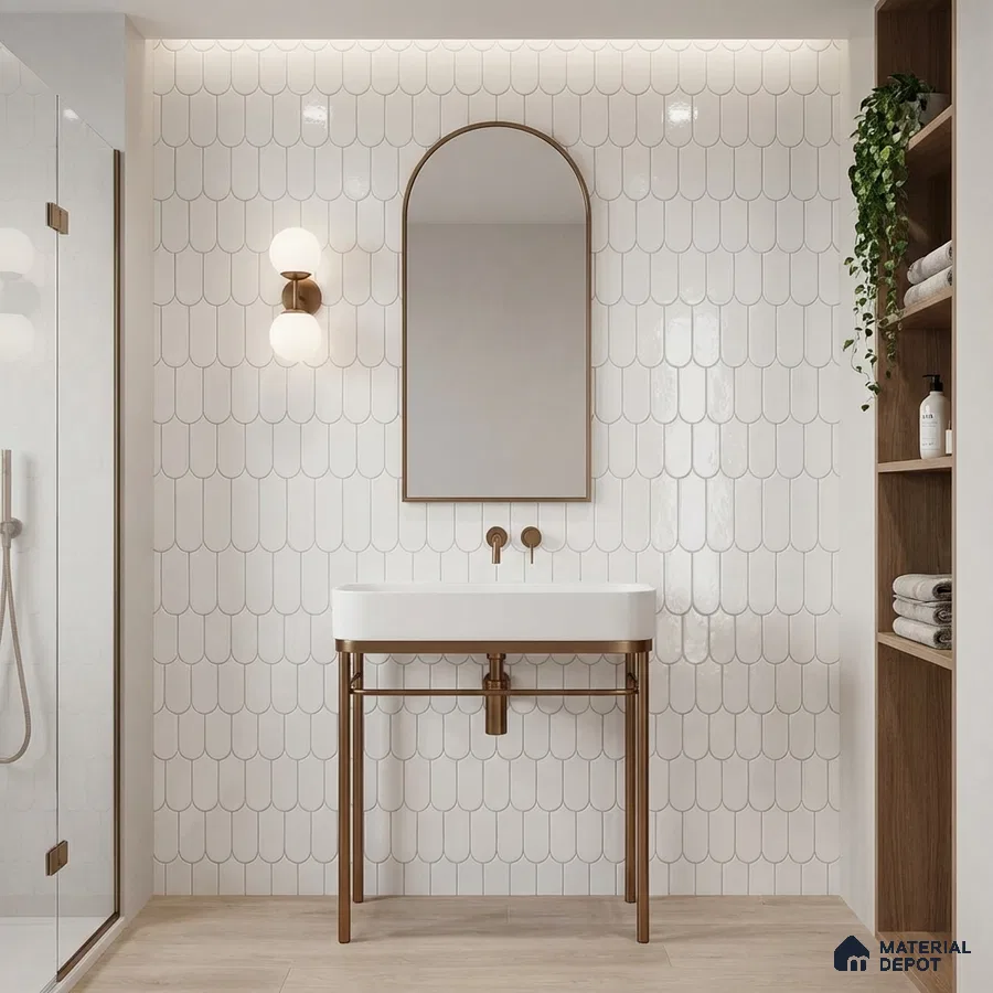 Scandinavian bathroom with white scallop wall tiles and light oak wood shelving
