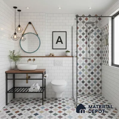 Scandinavian bathroom with white subway wall tiles and multicolor geometric patterned floor and shower tiles in Bengaluru | Material Depot