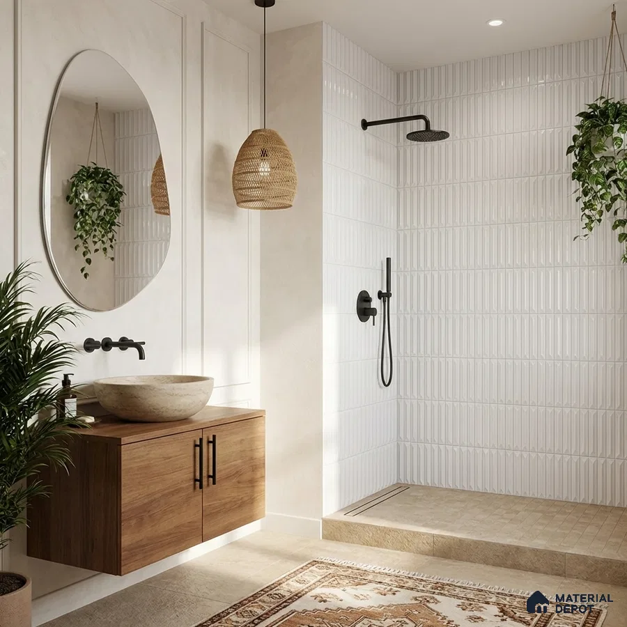 Scandinavian bathroom with white textured wall tiles, natural wood vanity, and beige stone basin