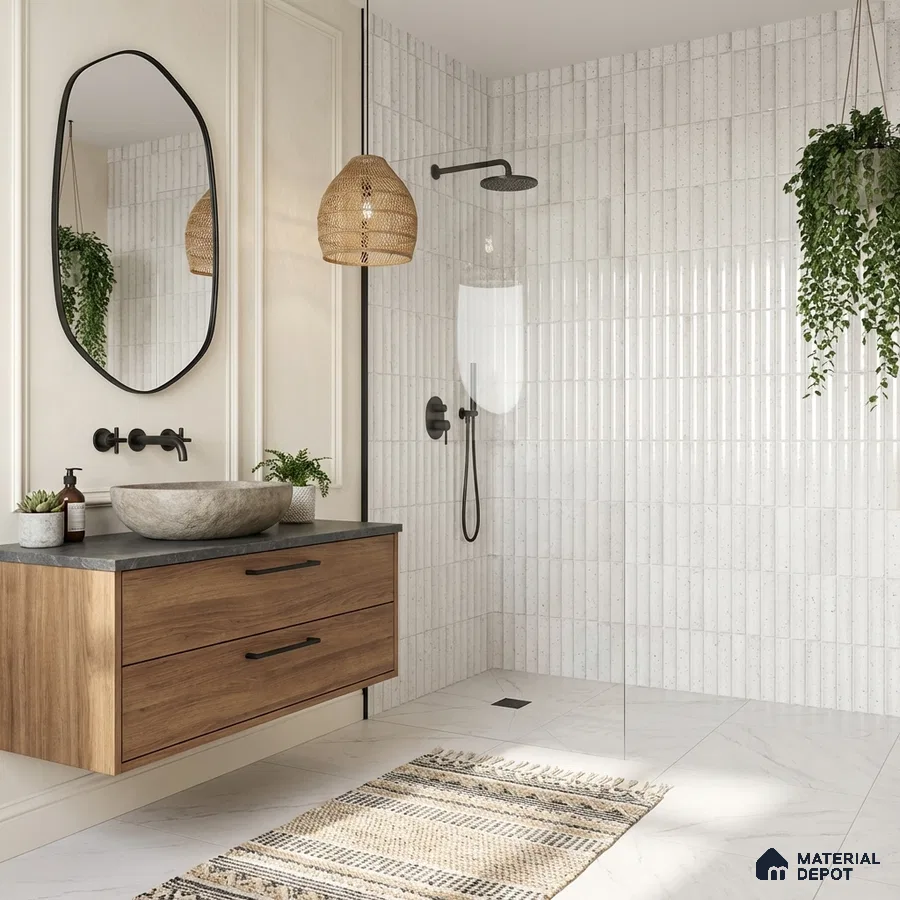 Scandinavian bathroom with white vertical kitkat wall tiles, wooden floating vanity, and stone countertop