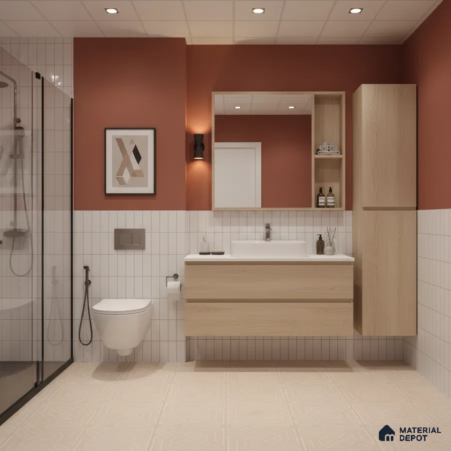 Scandinavian bathroom with white vertical subway wall tiles, light oak laminate vanity, and beige geometric floor tiles | Material Depot