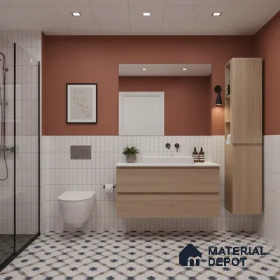 Scandinavian bathroom with white vertical subway wall tiles, oak wood vanity, and patterned geometric floor tiles | Material Depot