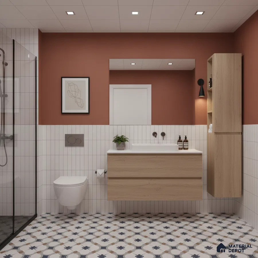 Scandinavian bathroom with white vertical subway wall tiles, oak wood vanity, and patterned geometric floor tiles | Material Depot