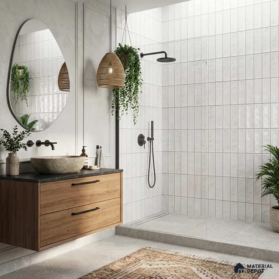 Scandinavian bathroom with white vertical subway wall tiles, oak wood vanity, and stone countertop