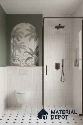 Scandinavian bathroom with white vertical subway wall tiles, tropical arch tile accent, and black-and-white geometric floor tiles | Material Depot