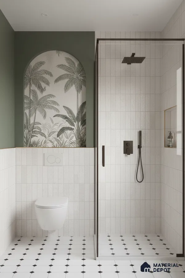 Scandinavian bathroom with white vertical subway wall tiles, tropical arch tile accent, and black-and-white geometric floor tiles | Material Depot
