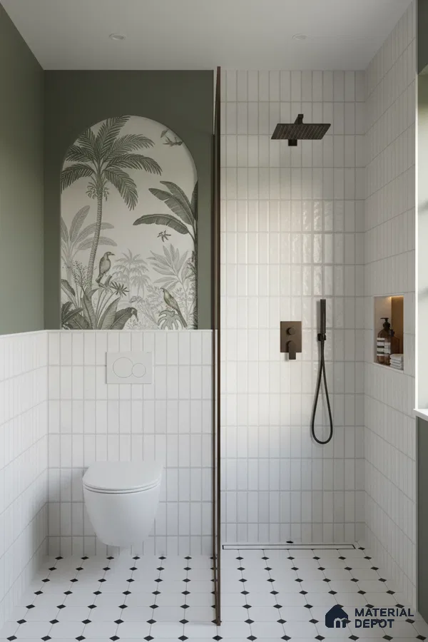 Scandinavian bathroom with white vertical subway wall tiles, tropical patterned accent tile, and black-and-white geometric floor tiles | Material Depot
