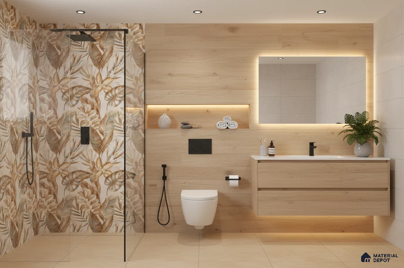 Scandinavian bathroom design with wood-look tiles, tropical floral highlighter wall tiles, and floating vanity in Bengaluru | Material Depot