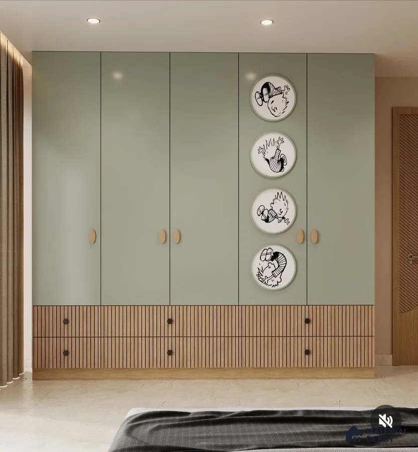 Scandinavian bedroom wardrobe with sage green laminate and fluted wood laminate drawers | Material Depot