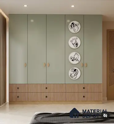 Scandinavian bedroom wardrobe with sage green laminate and fluted wood laminate drawers | Material Depot