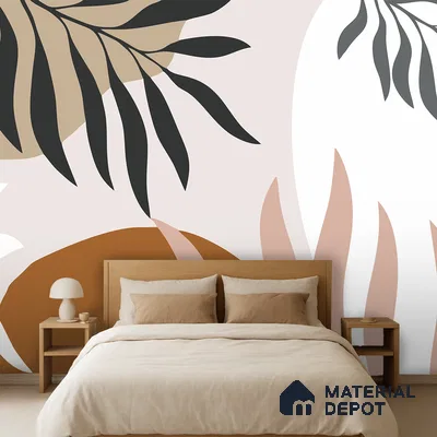 Scandinavian bedroom with abstract botanical wallpaper and light oak wood bed in Bengaluru
