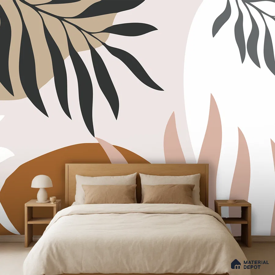 Scandinavian bedroom with abstract botanical wallpaper and light oak wood bed in Bengaluru