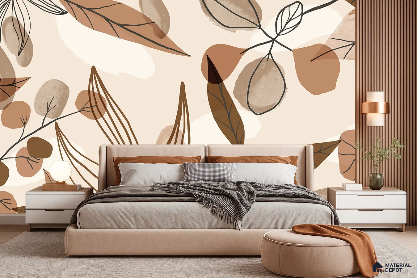 Scandinavian bedroom with abstract floral wallpaper and beige suede upholstered bed in Bengaluru
