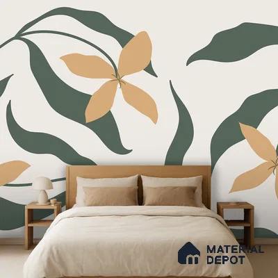 Scandinavian bedroom with abstract floral wallpaper and natural wood bed in Bengaluru