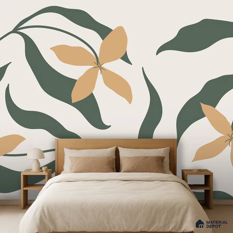 Scandinavian bedroom with abstract floral wallpaper and natural wood bed in Bengaluru