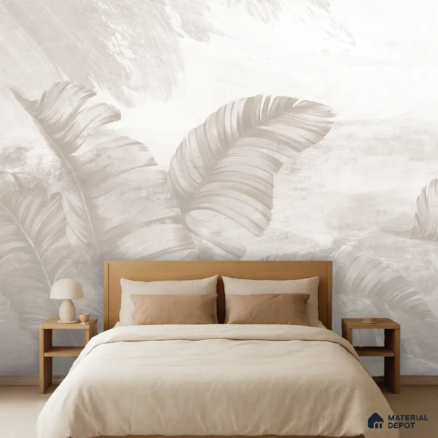 Scandinavian bedroom with beige botanical wallpaper and natural wood bed in Bengaluru