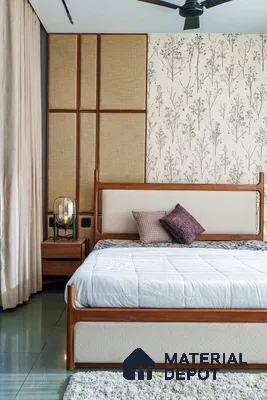 Scandinavian bedroom with beige fabric wall panels, floral wallpaper, and natural wood bed frame in Prestige Kew Gardens Bellandur 3 BHK Bengaluru Apartment