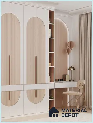Scandinavian bedroom with beige fluted laminate wardrobe and study desk | Material Depot
