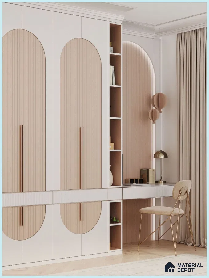 Scandinavian bedroom with beige fluted laminate wardrobe and study desk | Material Depot