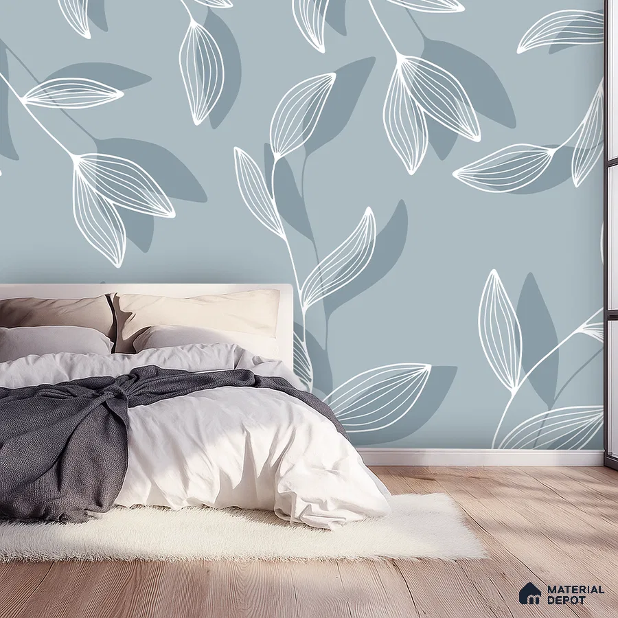 Scandinavian bedroom with blue floral wallpaper and light wood flooring in Bengaluru