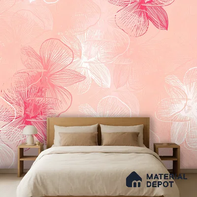 Scandinavian bedroom with blush pink floral wallpaper and light wood bed in Bengaluru